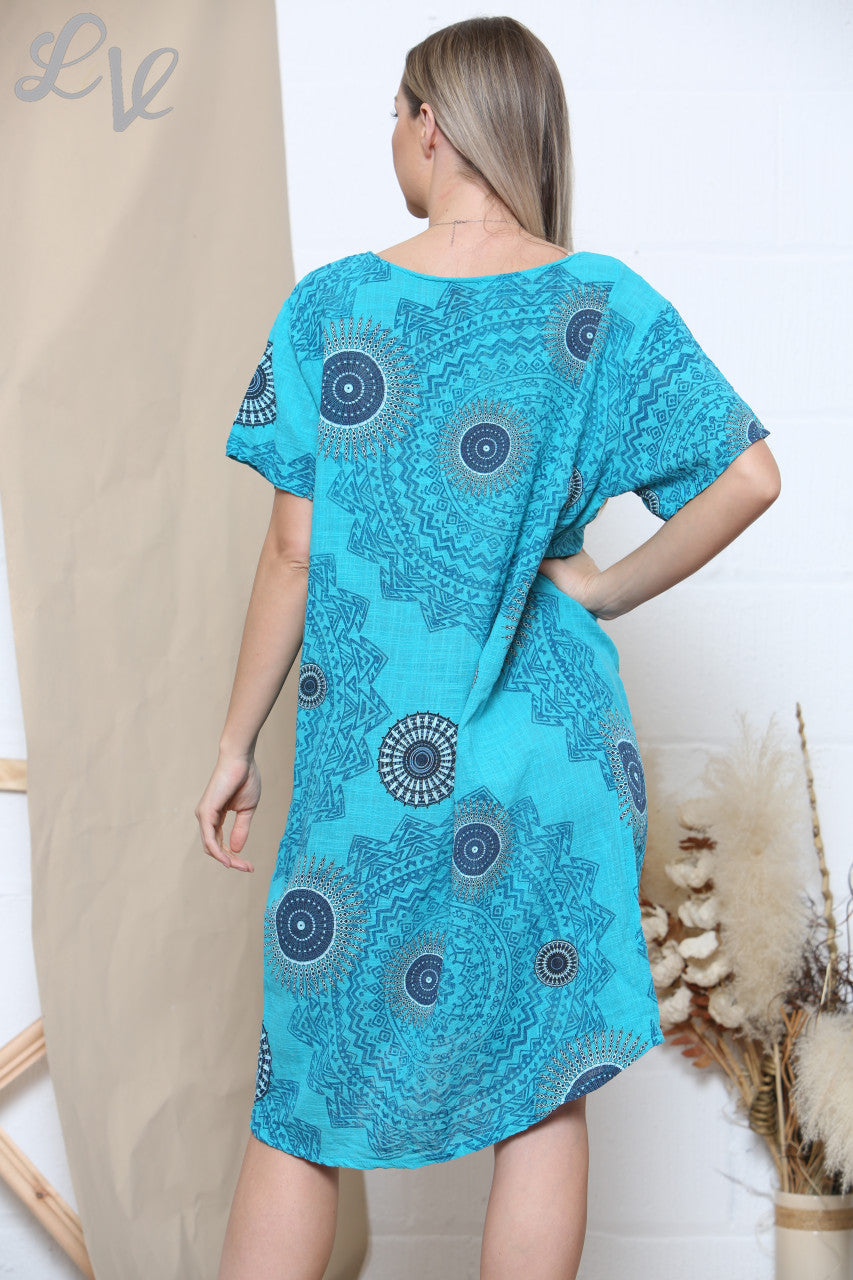 Ladies Tribal Print Pocket Dress Turquoise