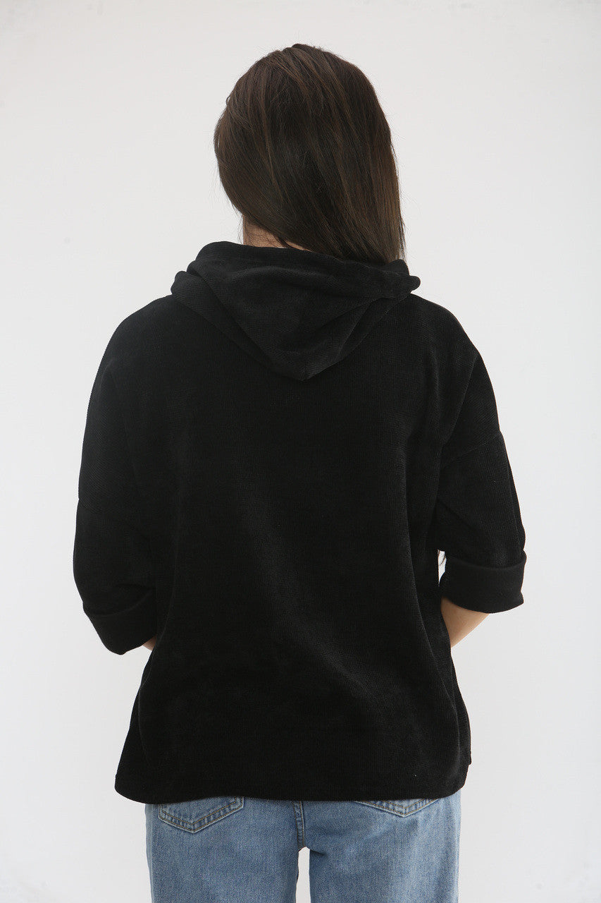 CORDUROY TOP MET CAPUCHON - ZWART