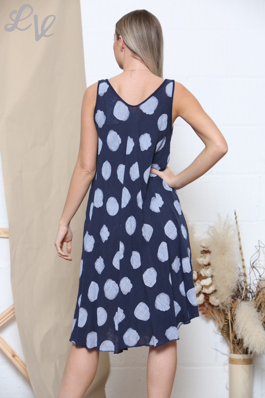 Dames mouwloze jurk met stippenprint marine
