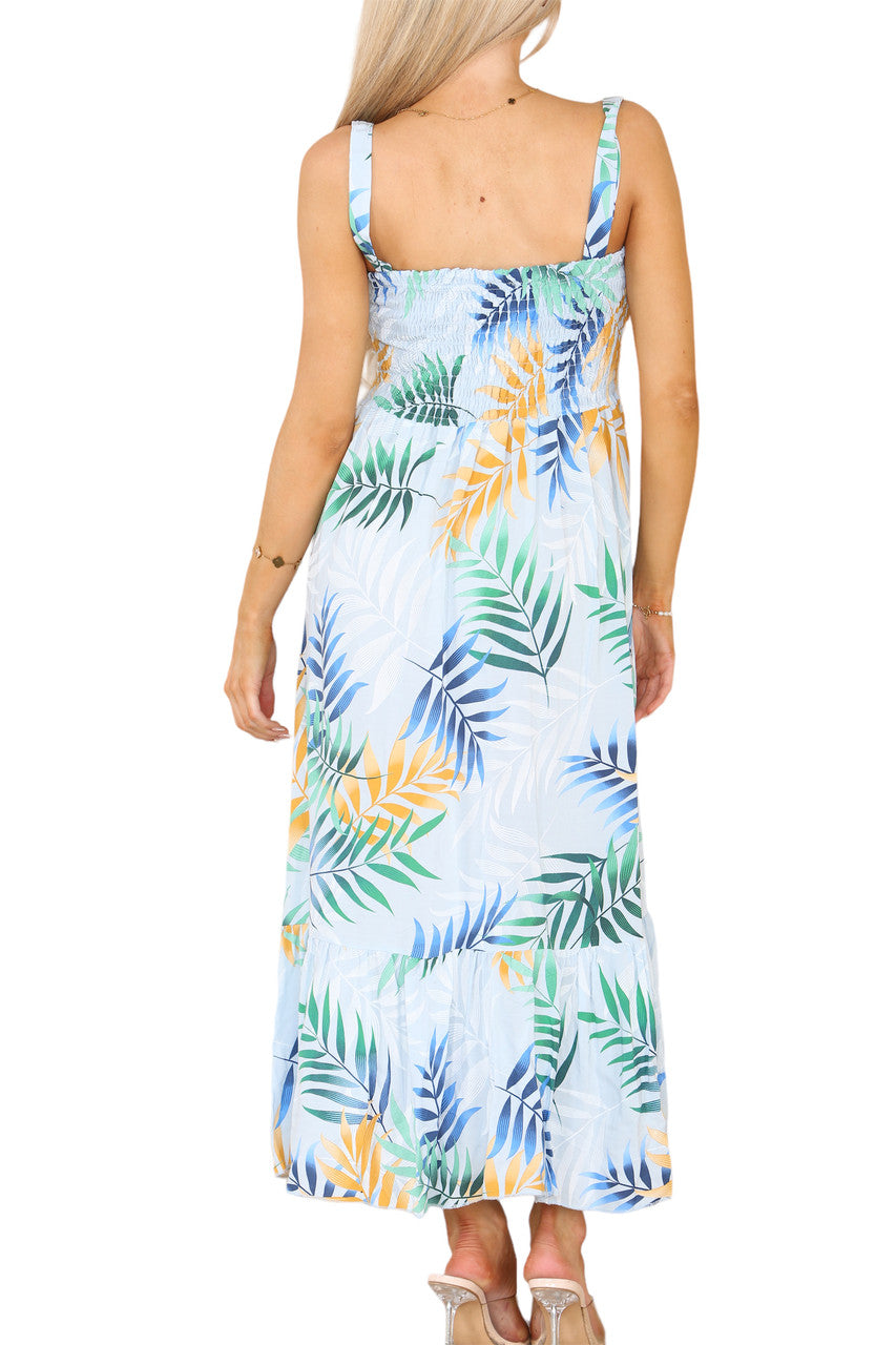 SHIRRED TROPICAL PRINT DRESS - LIGHT BLUE