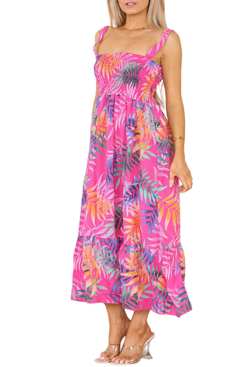 Shirred Tropical Print Dress - Cerise