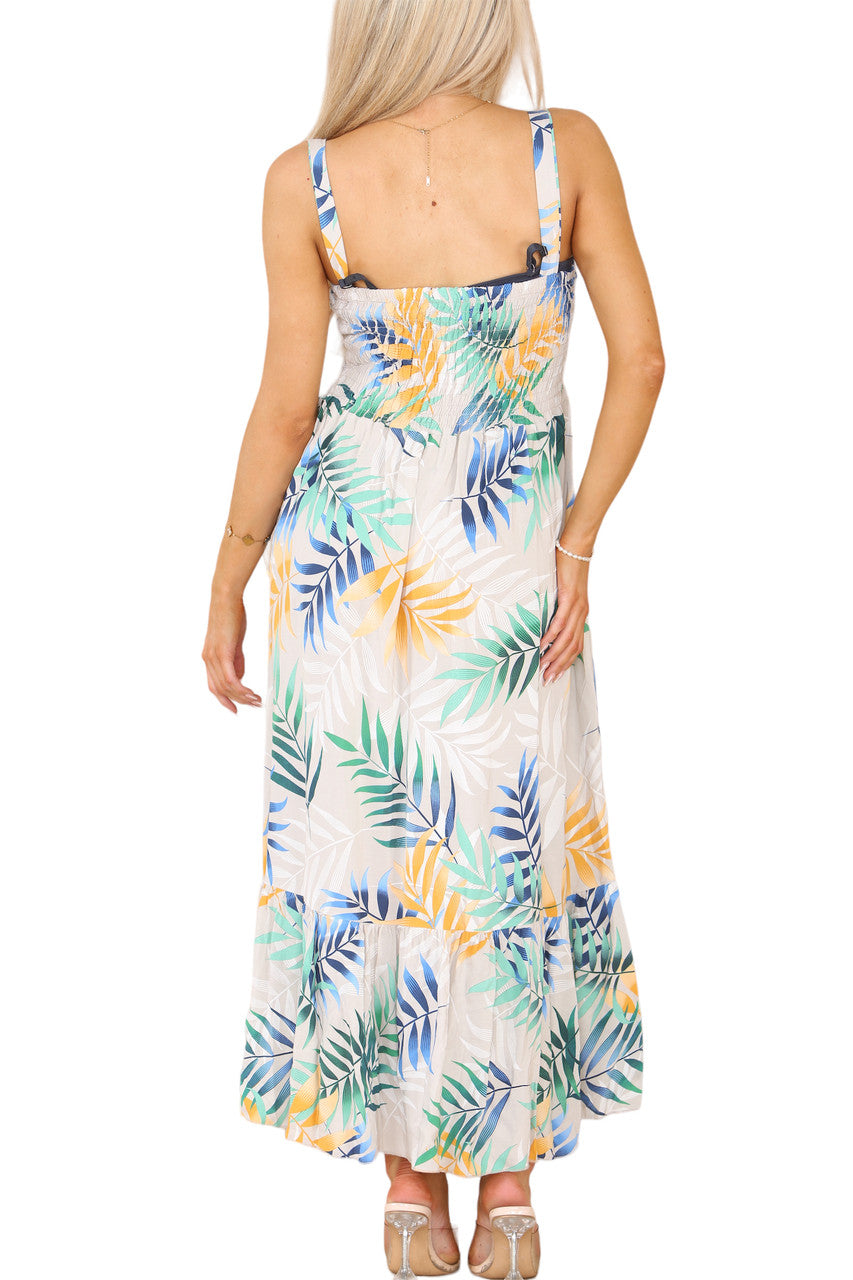 Shirred Tropical Print Dress - Stone