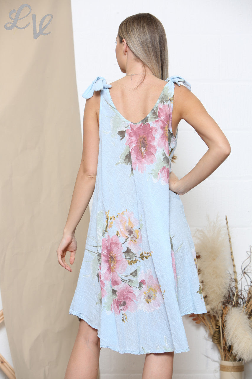 Ladies Pink Floral Print Tie Shoulder Summer Dress Sky Blue