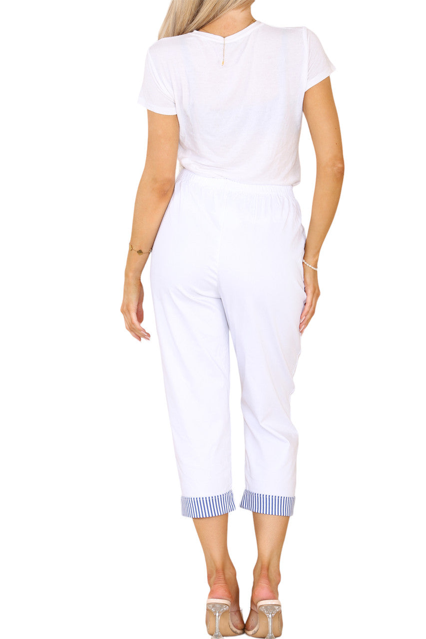 CROPPED STRETCH STRIPE HEM CHERRY BERRY TROUSERS WHITE