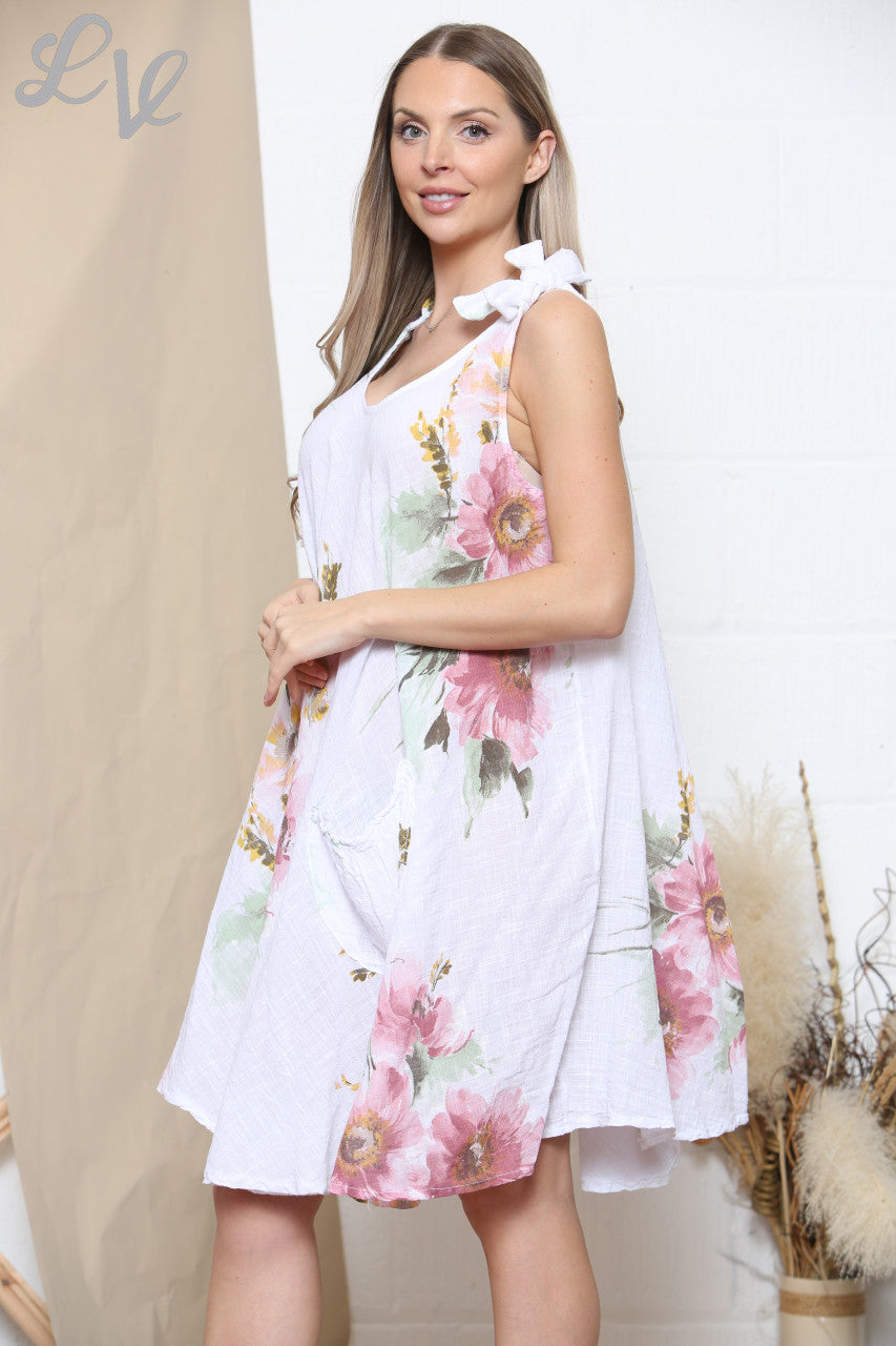 Dames Roze Bloemenprint Jurk met Strikbandjes Wit