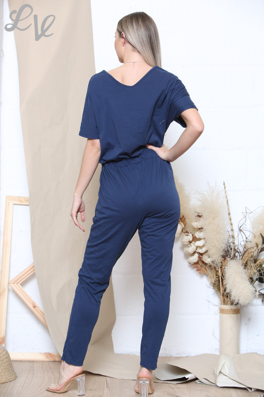 Ladies Drawstring Waist Jumpsuit Navy