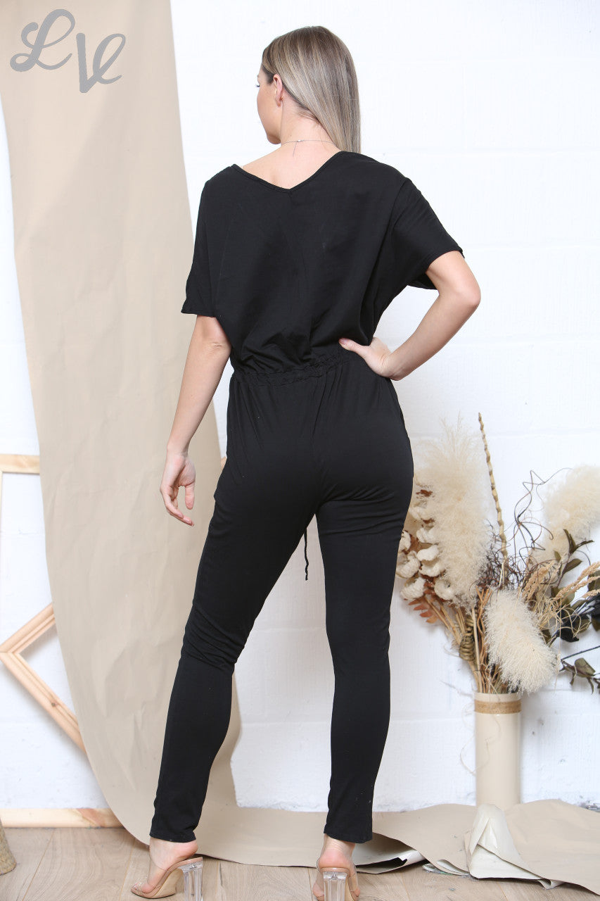 Ladies Drawstring Waist Jumpsuit Black