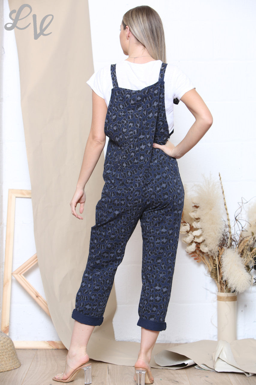 Dames tuinbroek met luipaardprint + T-shirt marineblauw