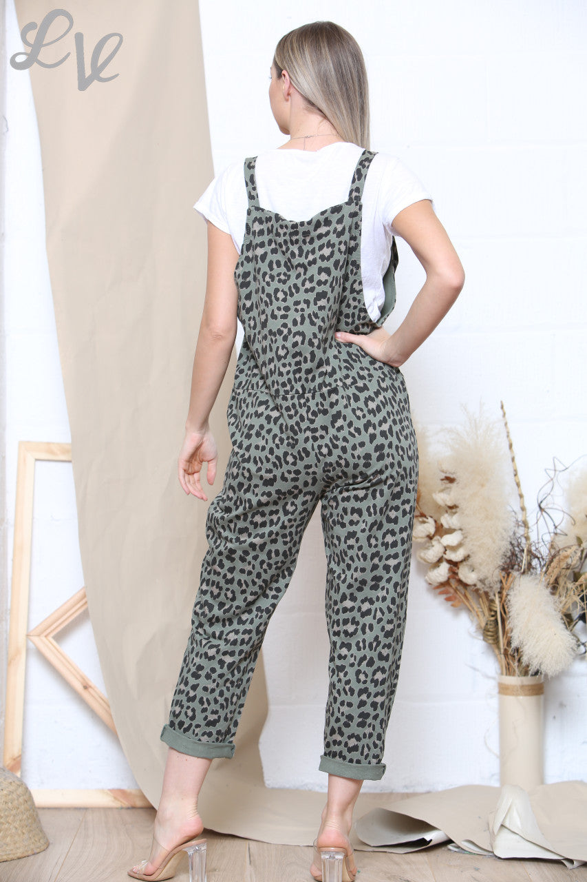 Dames Leopardprint Tuinbroek + T-shirt Kaki