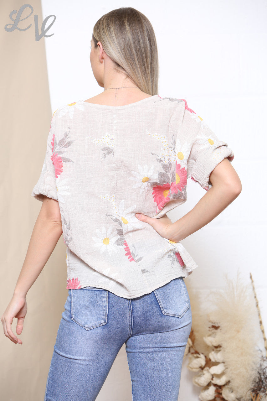 Dames Top met Zonnebloem- en Madeliefjesprint Steenkleurig