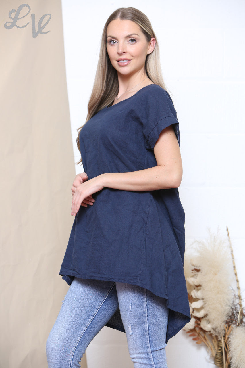 Dames Effen Top met Knoopdetails Achter Marineblauw