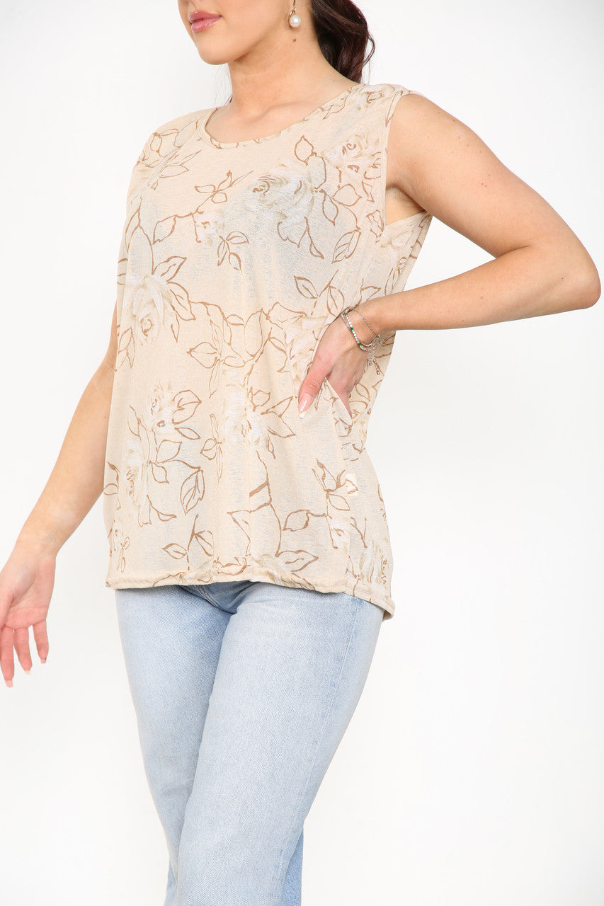 Ladies Floral Outline Print Sleeveless Top Stone