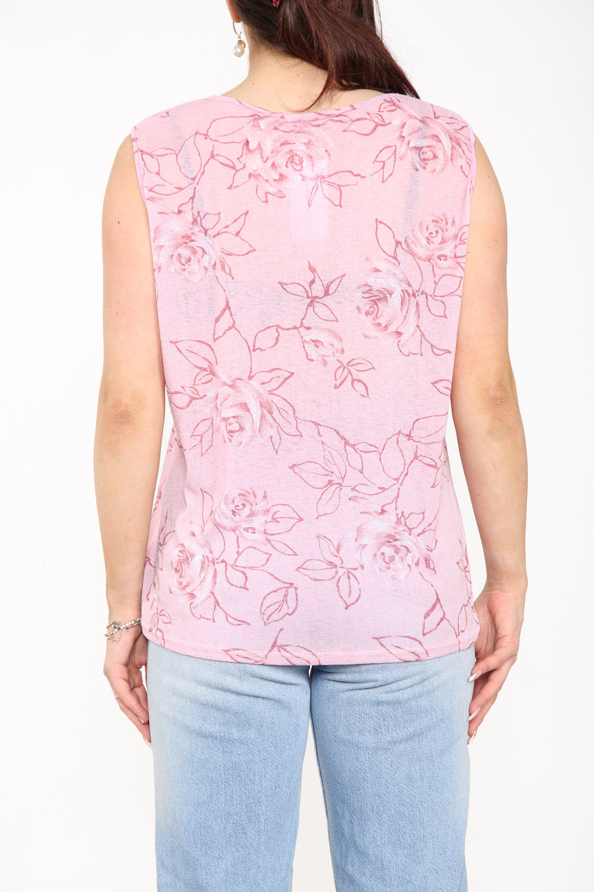 Ladies Floral Outline Print Sleeveless Top Dusty Pink