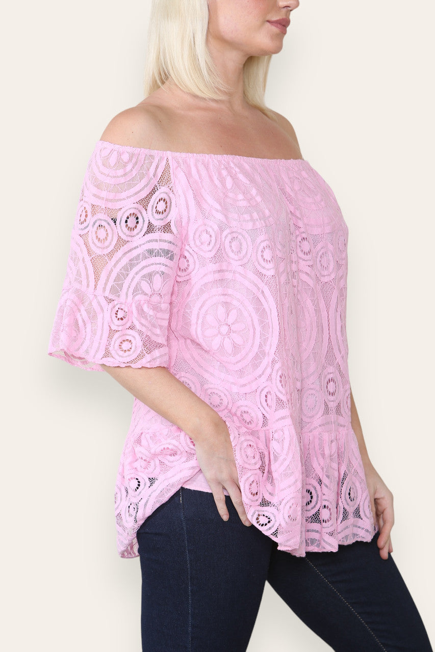Kopie van LACE DISK PATTERN BARDOT TOP ROZE