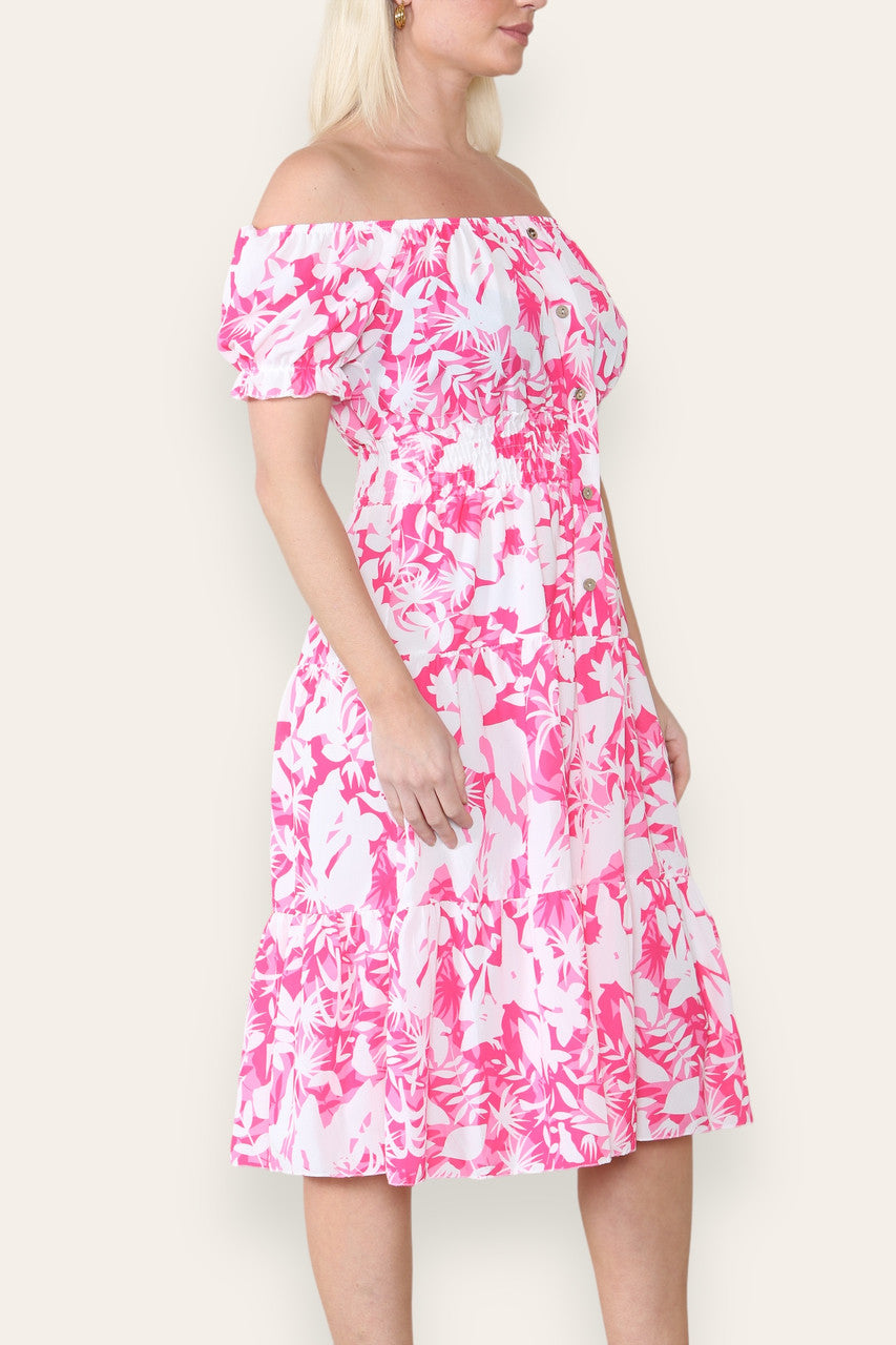 MIDI JURK MET BLOEMEN SILHOUET AFDRUK CERISE