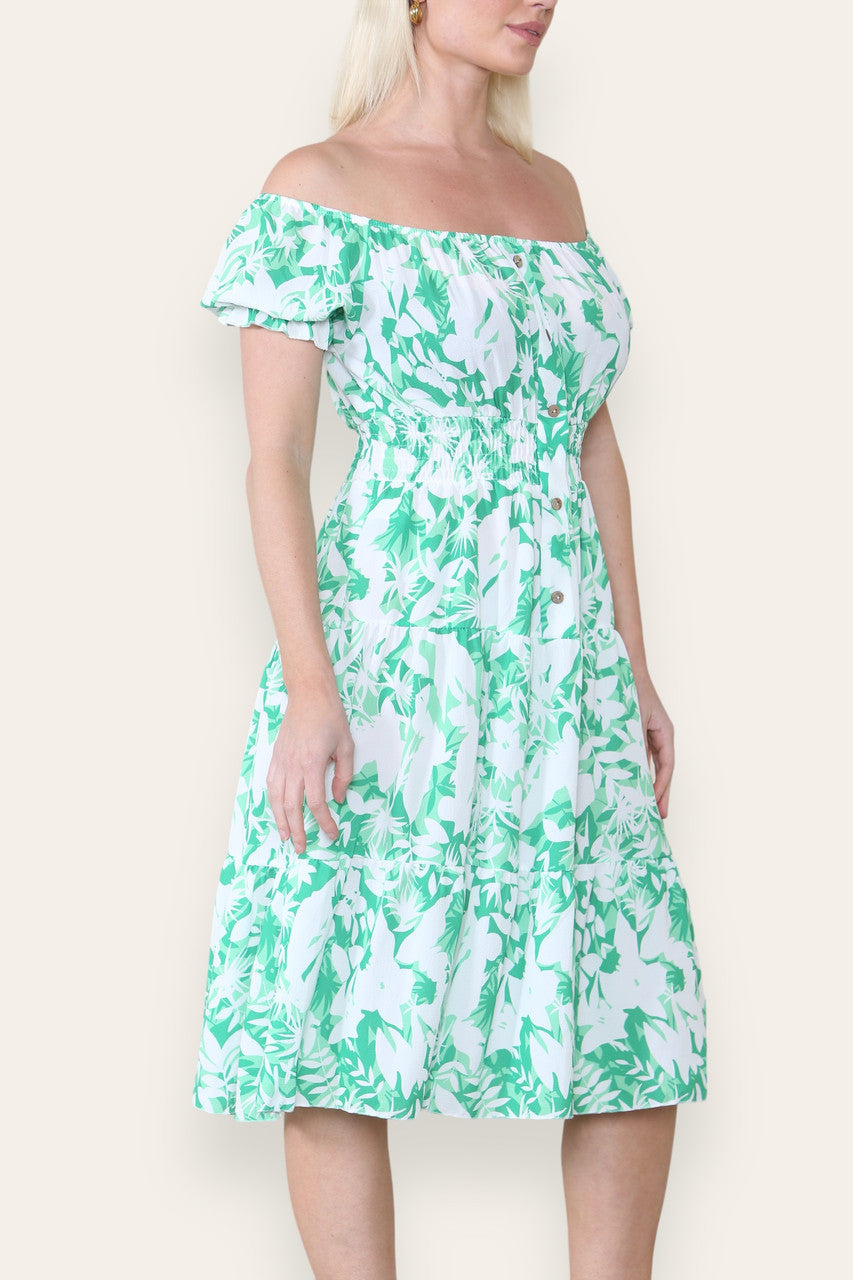 FLORAL SILHOUETTE PRINT MIDI DRESS GREEN