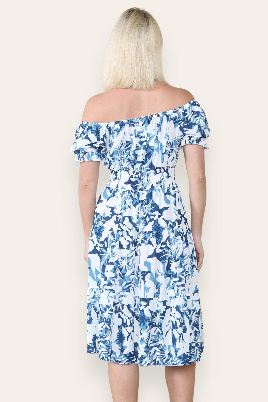 MIDI-JURK MET BLOEMENSILHOUET EN PRINT KONINGSBLAUW