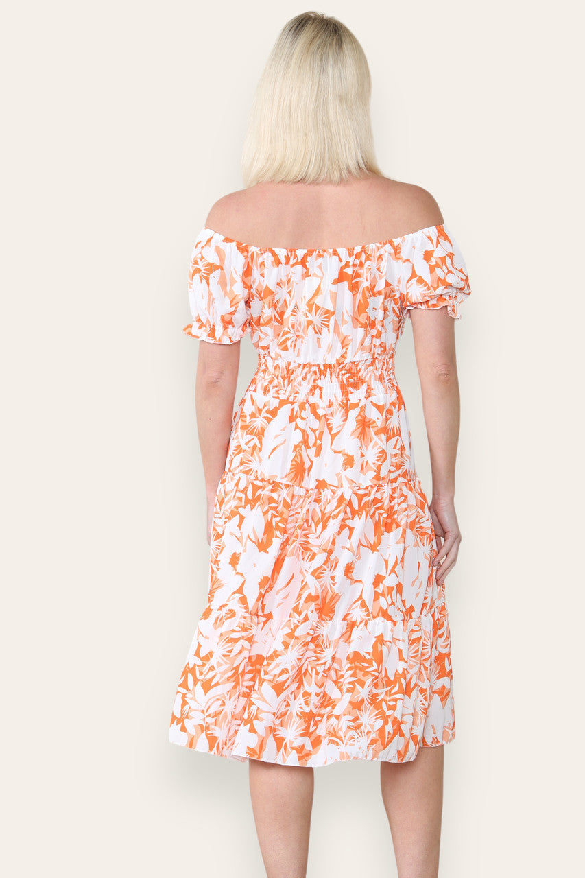 BLOEISILHOUET PRINT MIDI JURK ORANJE