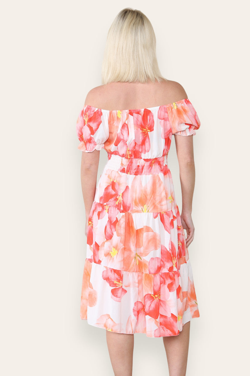 AQUAREL LELIE PRINT MIDI JURK ORANJE