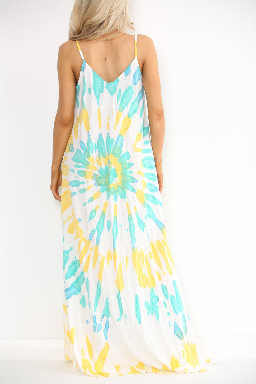 Ladies Tie Dye Print Strappy Dress Turquoise