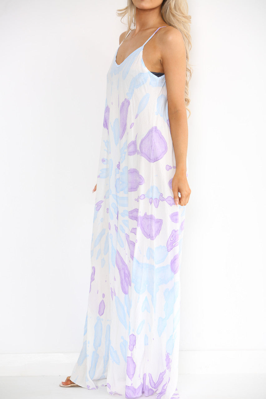 Ladies Tie Dye Print Strappy Dress Light Blue