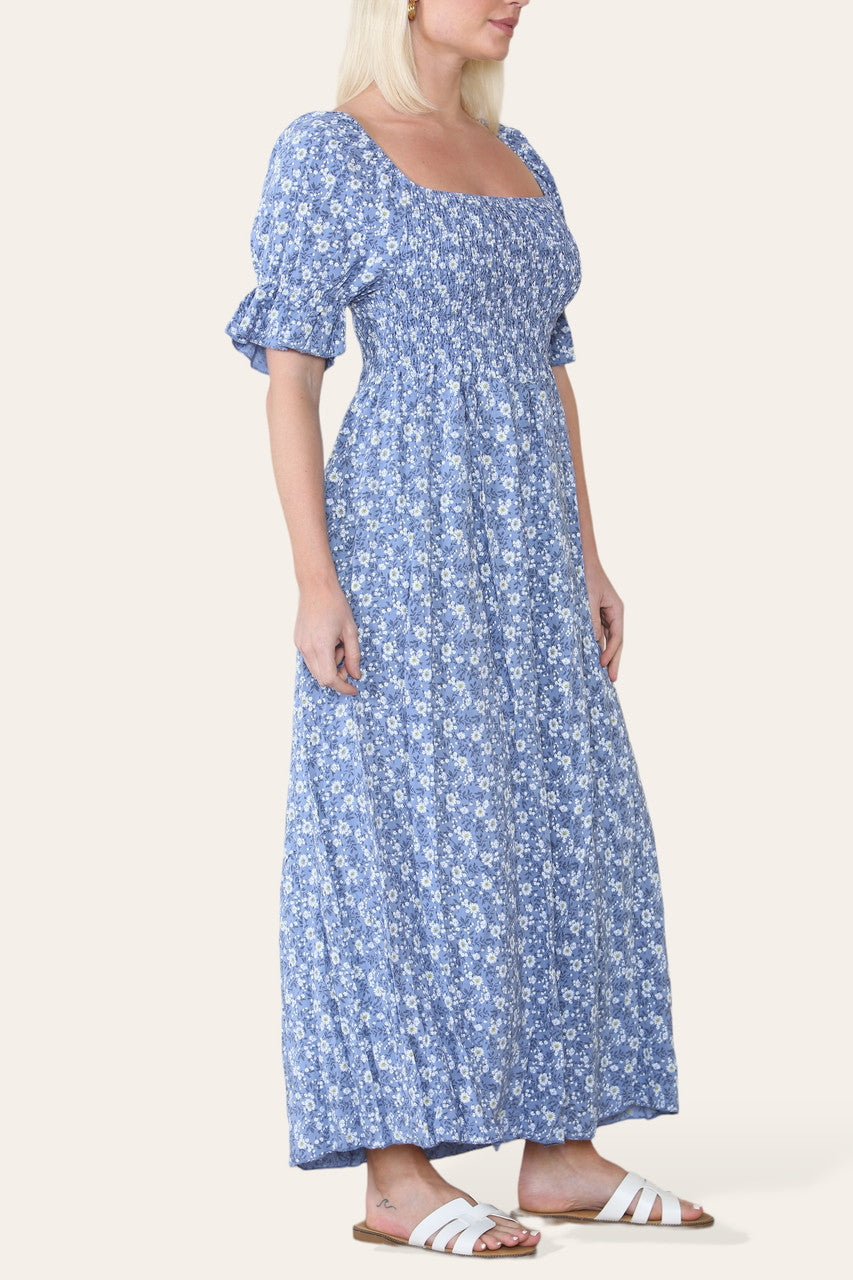 MAXIJURK MET BARDOT-HALS EN BLOEMENPRINT DENIM