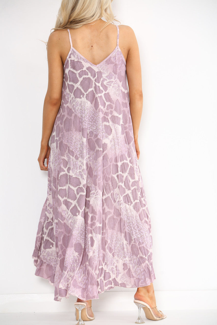 Ladies Abstract Animal Print Strappy Dress Dusty Pink