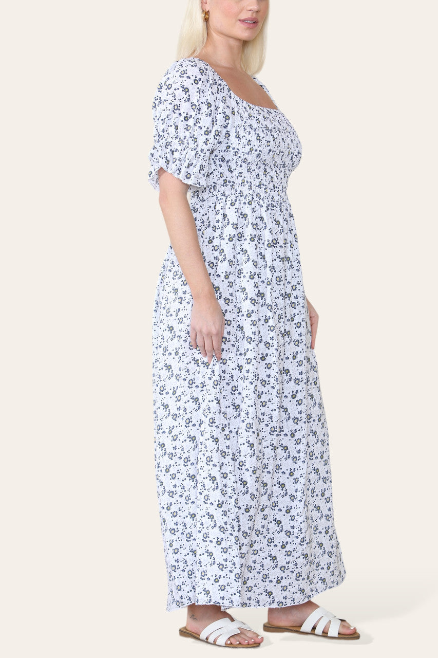 DITSY FLORAL BARDOT MAXI DRESS WHITE