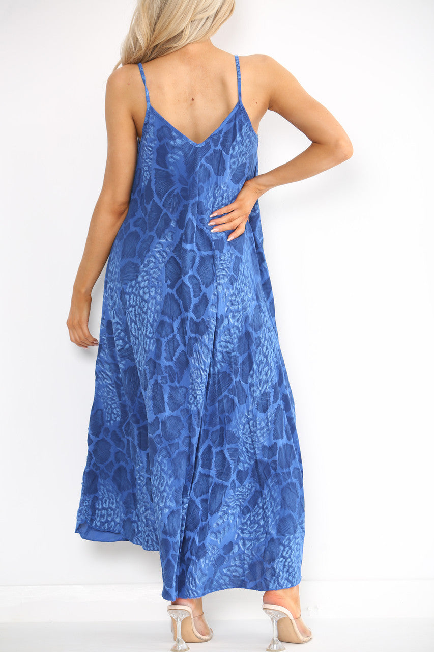 Ladies Abstract Animal Print Strappy Dress Royal Blue