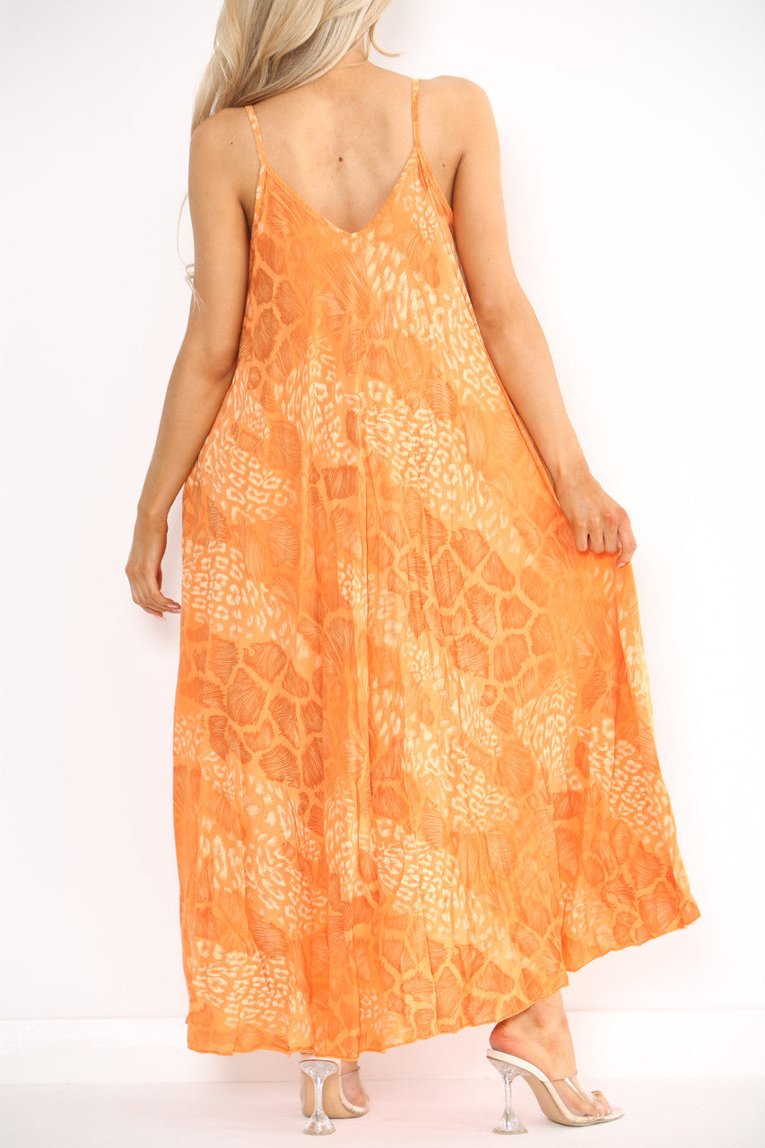 Ladies Abstract Animal Print Strappy Dress Orange