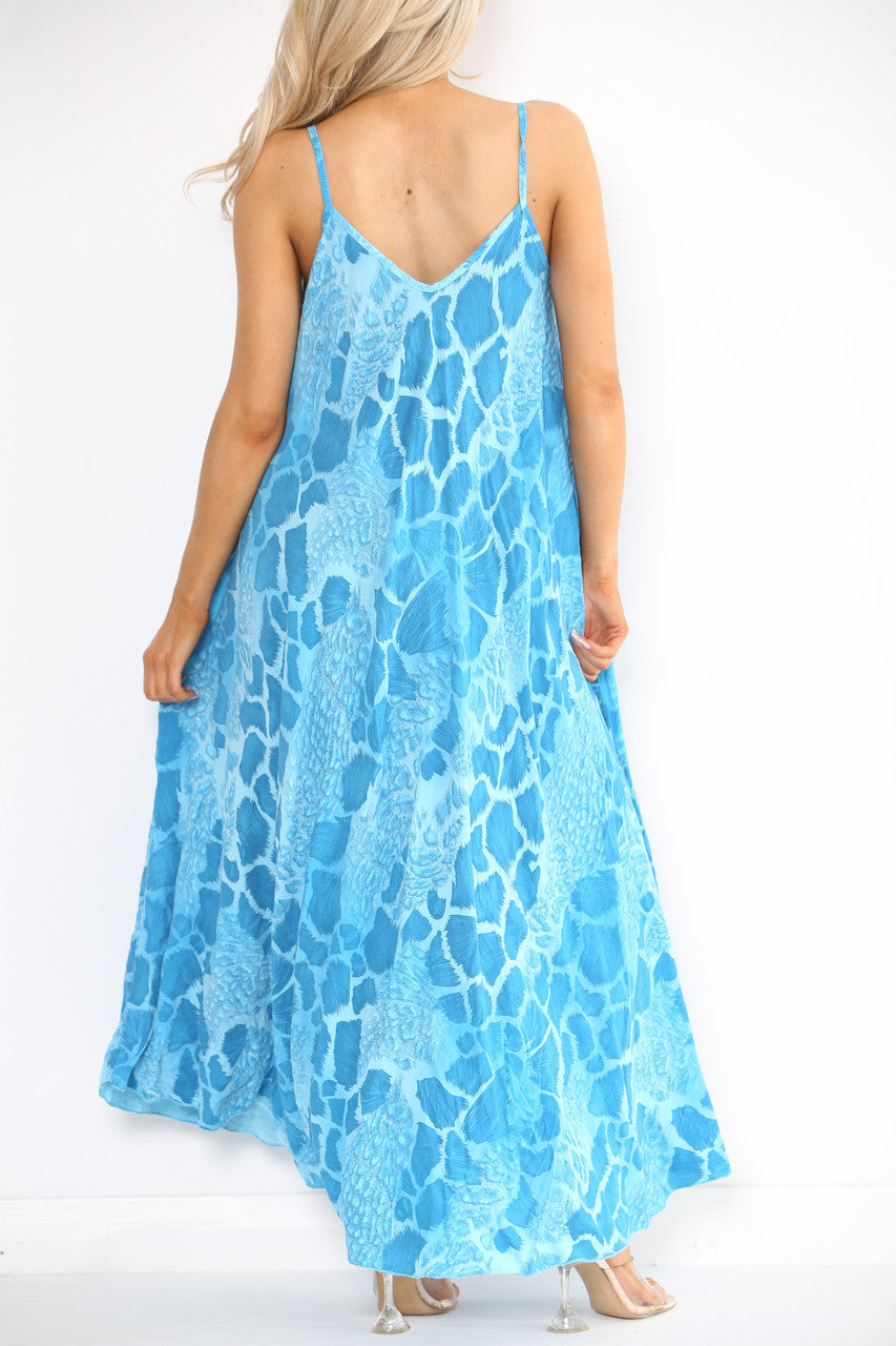 Ladies Abstract Animal Print Strappy Dress Turquoise
