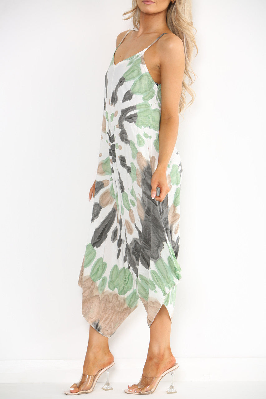 Ladies Tie Dye Print Strappy Jumpsuit Khaki