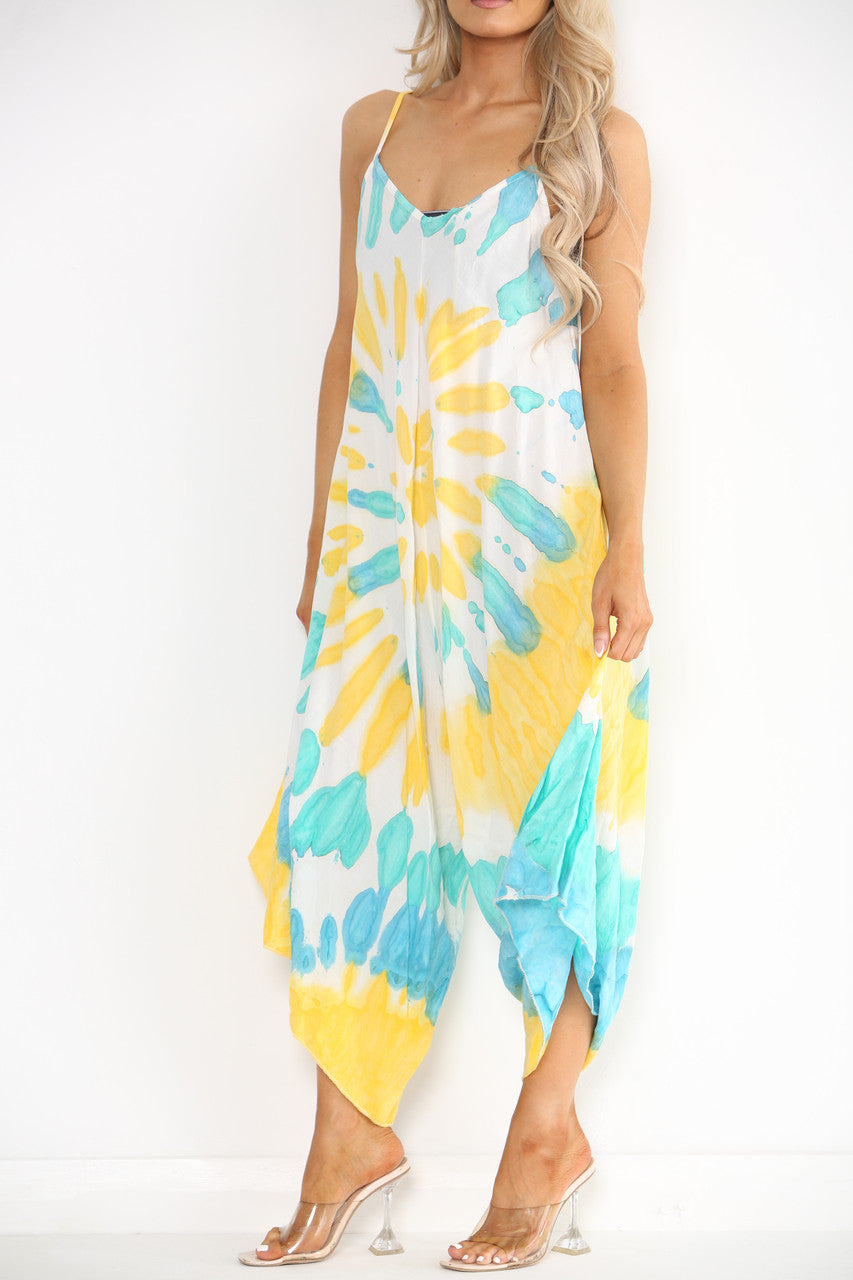 Ladies Tie Dye Print Strappy Jumpsuit Yellow