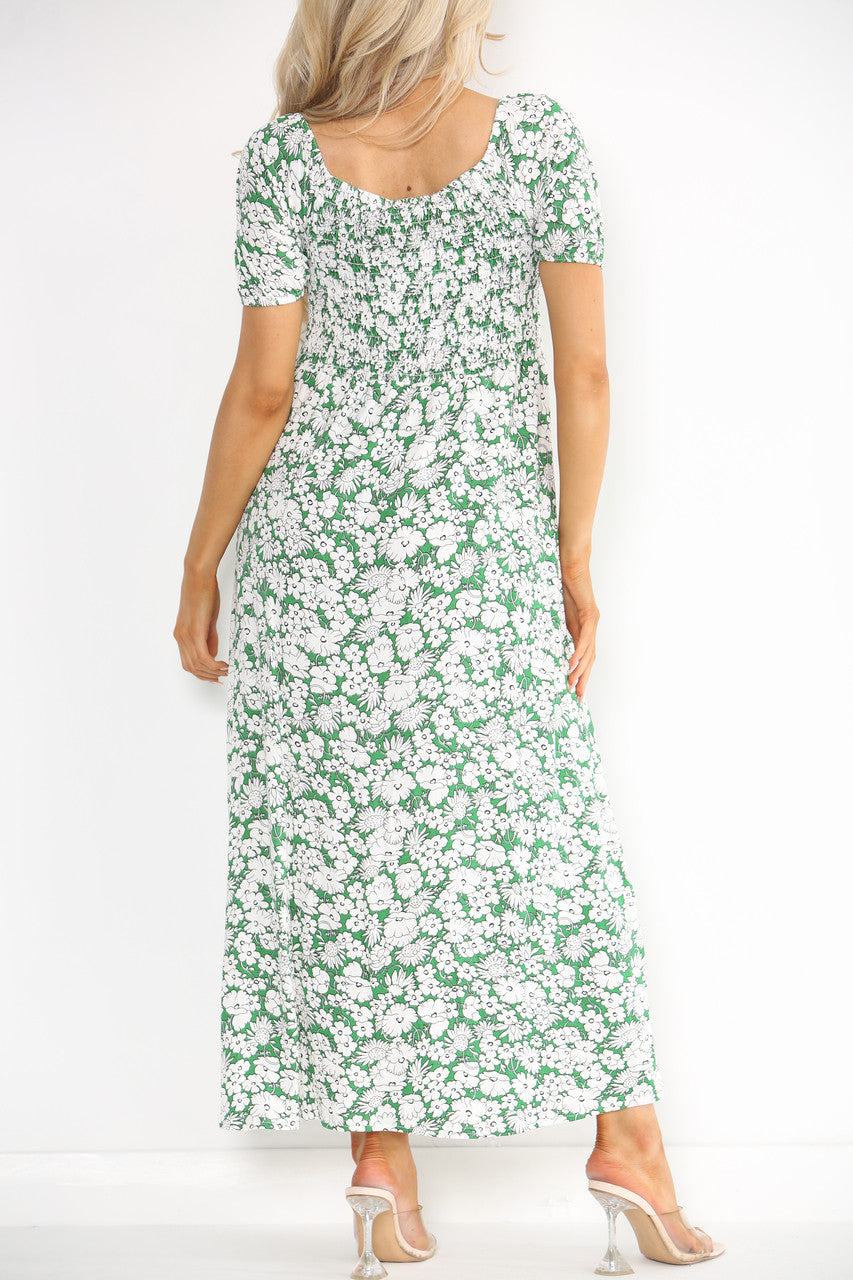 Ladies Shirred Floral Print Dress Green