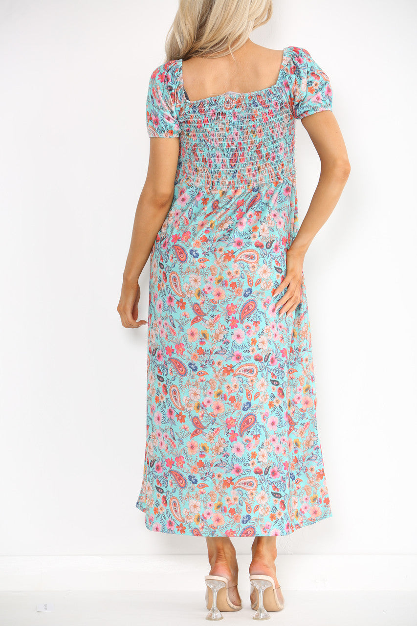 Ladies Shirred Floral Paisley Print Dress Turquoise