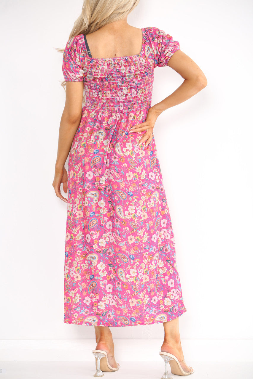Ladies Shirred Floral Paisley Print Dress Cerise