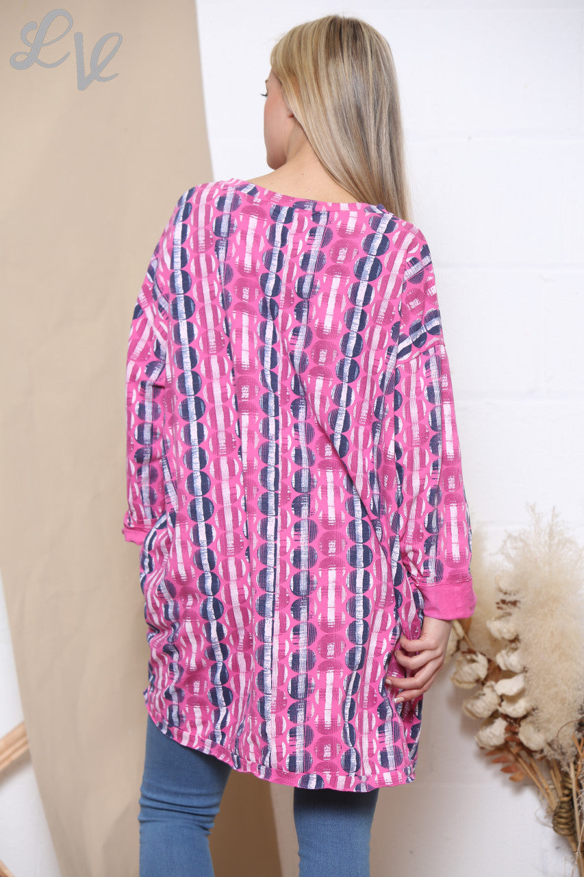 Ladies Circle Stripe 3 Button Tunic Top Cerise