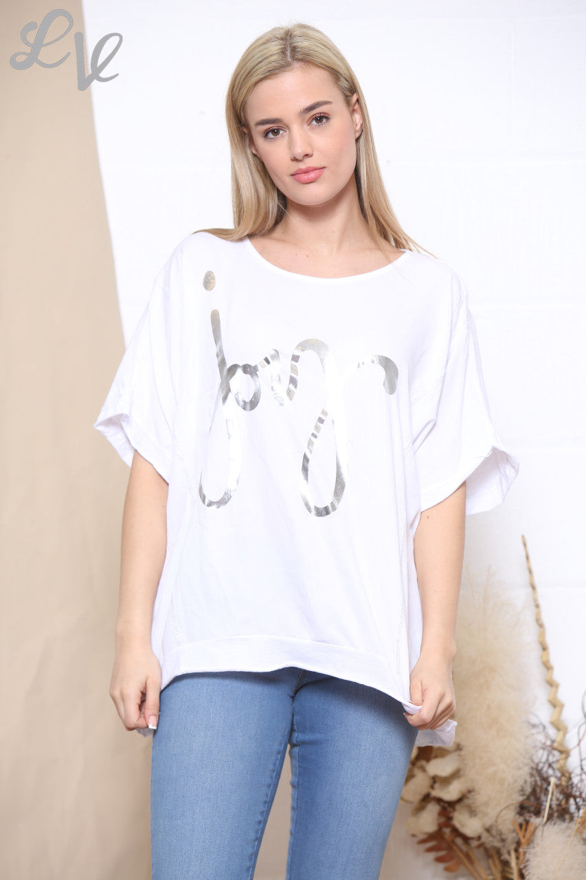 Ladies Foil Joy Script Top White