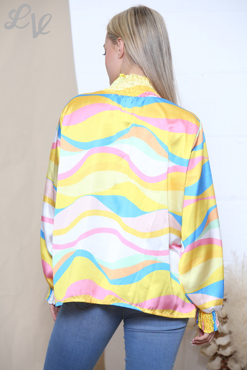 Ladies Multicoloured Retro Wave Print Gathered Neck Blouse Yellow