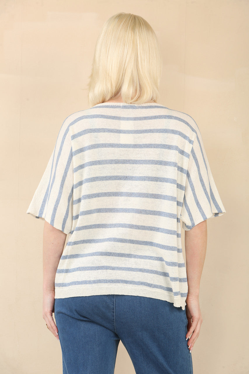 FIJNGEBREIDE TRUI MET KORTE MOUWEN EN STREEPJES - DENIM