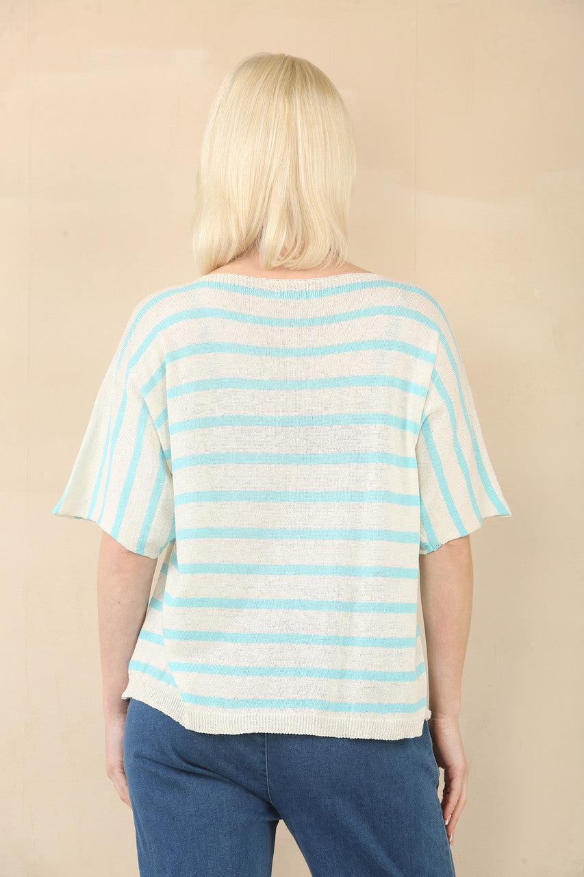 FINE KNIT STRIPE SHORT SLEEVE JUMPER - TURQUOISE