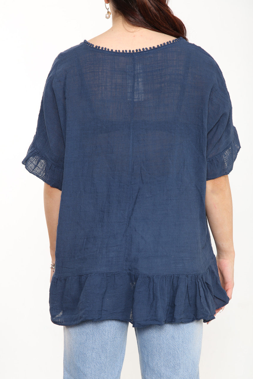 Ladies Plain Top With Frill Hem Navy