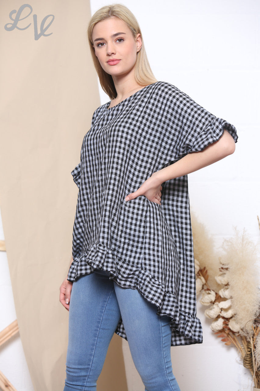 Ladies Gingham Print Frill Hem Top Black