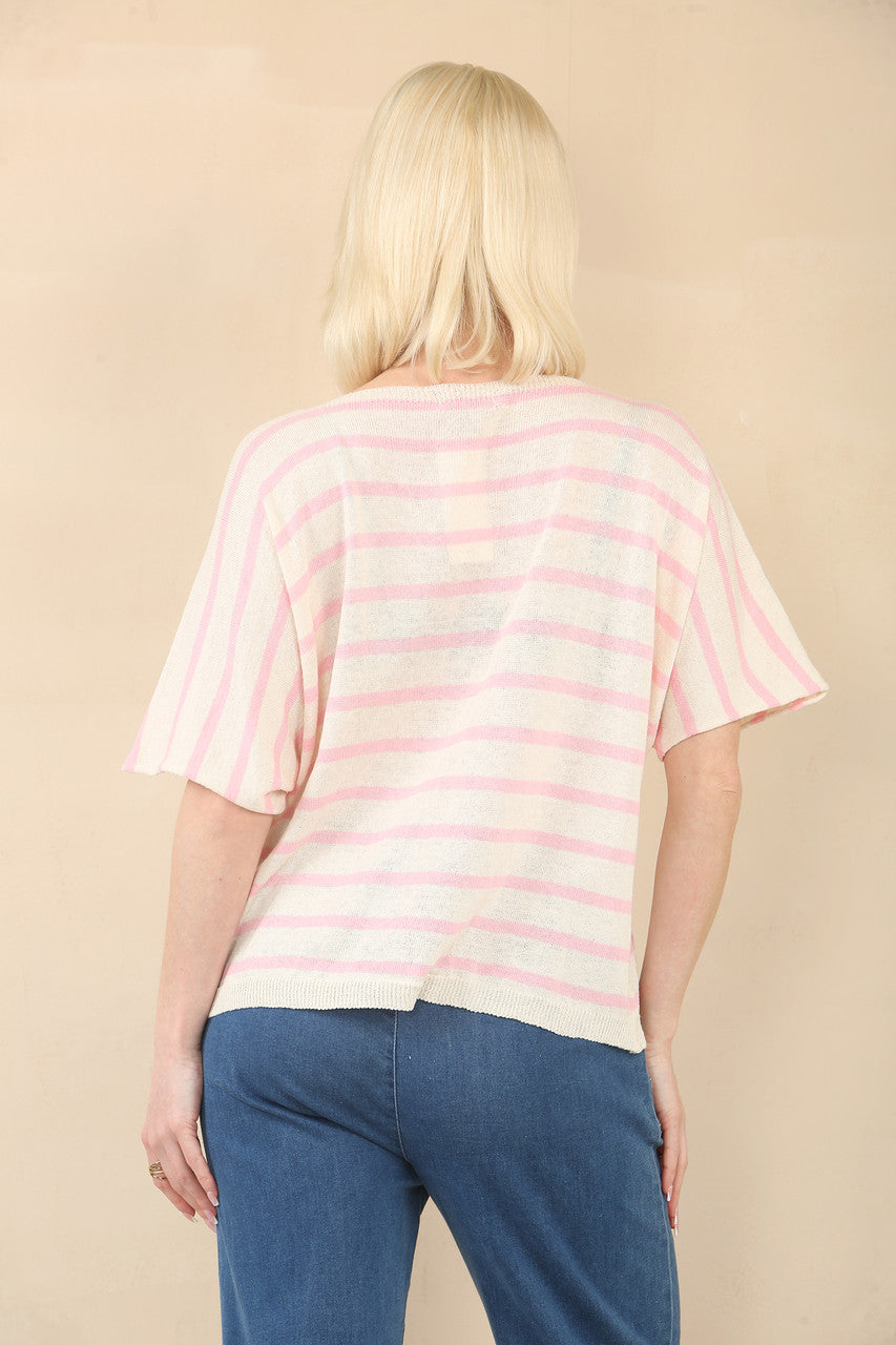 FINE KNIT STRIPE SHORT SLEEVE JUMPER - PINK