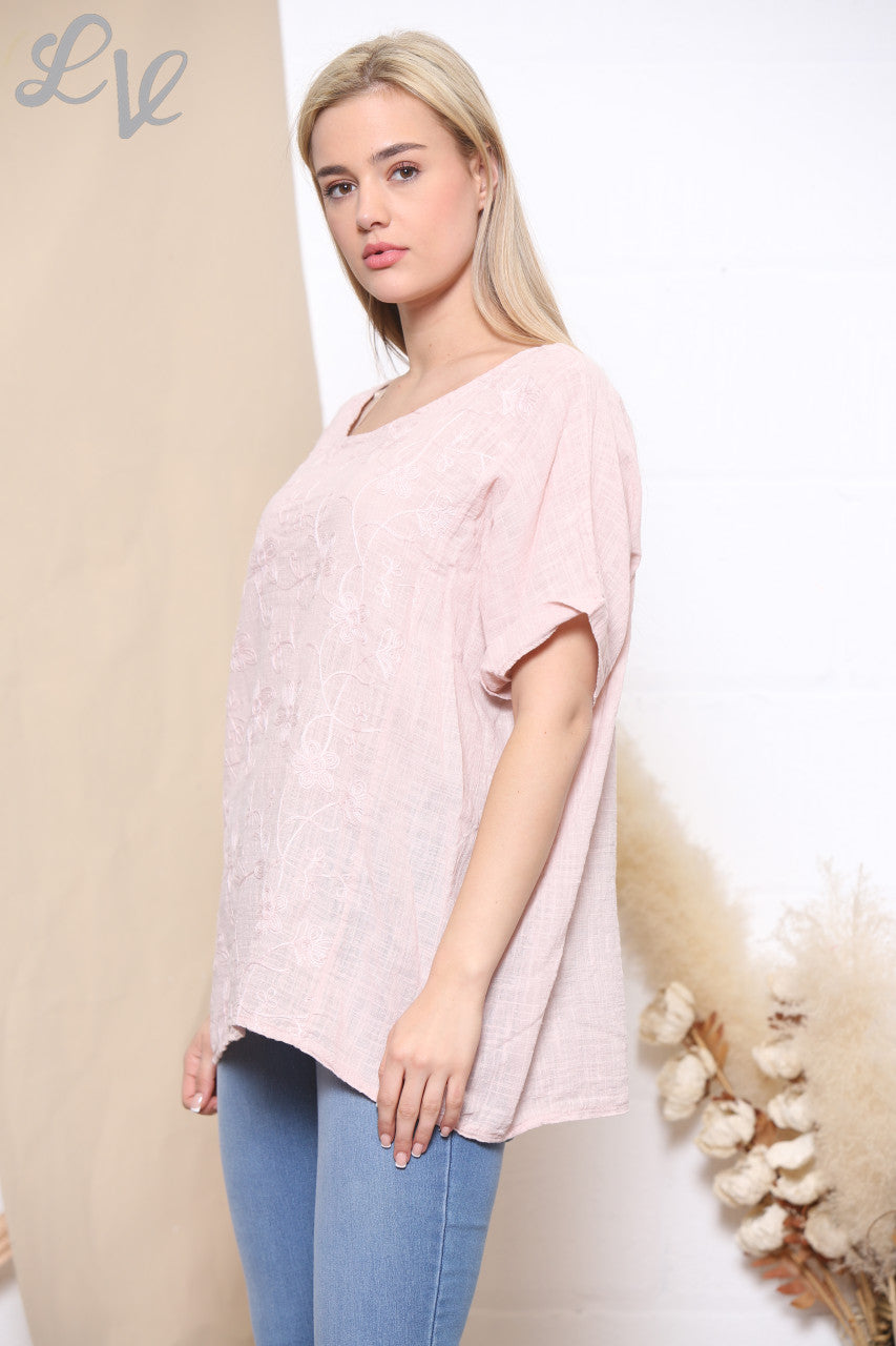 Dames Geborduurd Bloemen T-shirt met Korte Mouwen Oudroze
