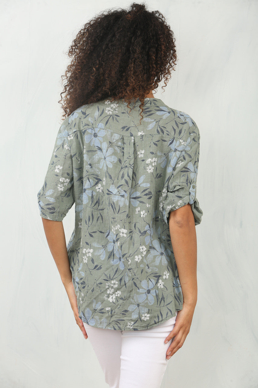 OVERHEMD MET TULPENPRINT EN GRANDAD-KRAAG KHAKI
