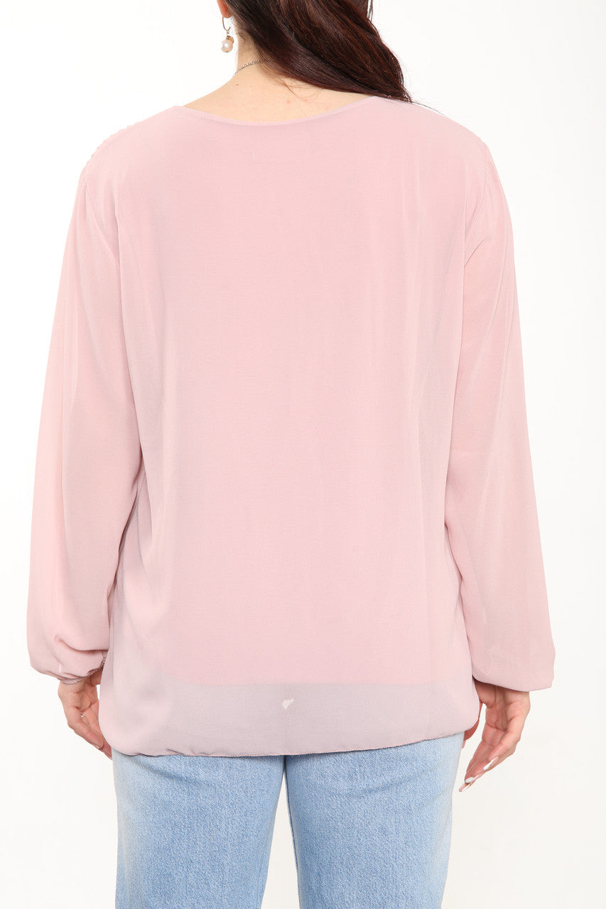 Ladies Plain Pleated Blouse Top Dusty Pink