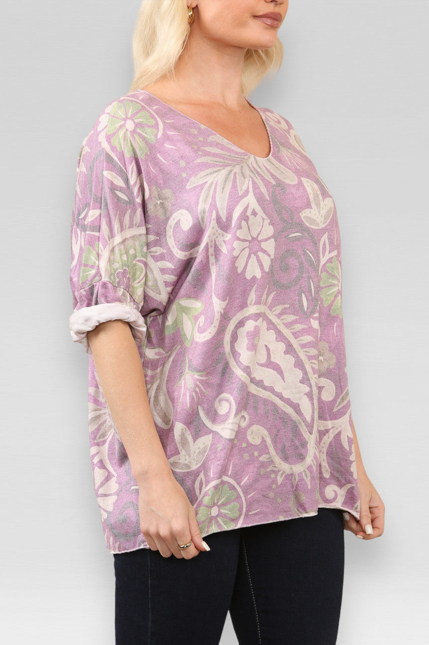PAISLEY PRINT FINE KNIT JUMPER TOP PURPLE