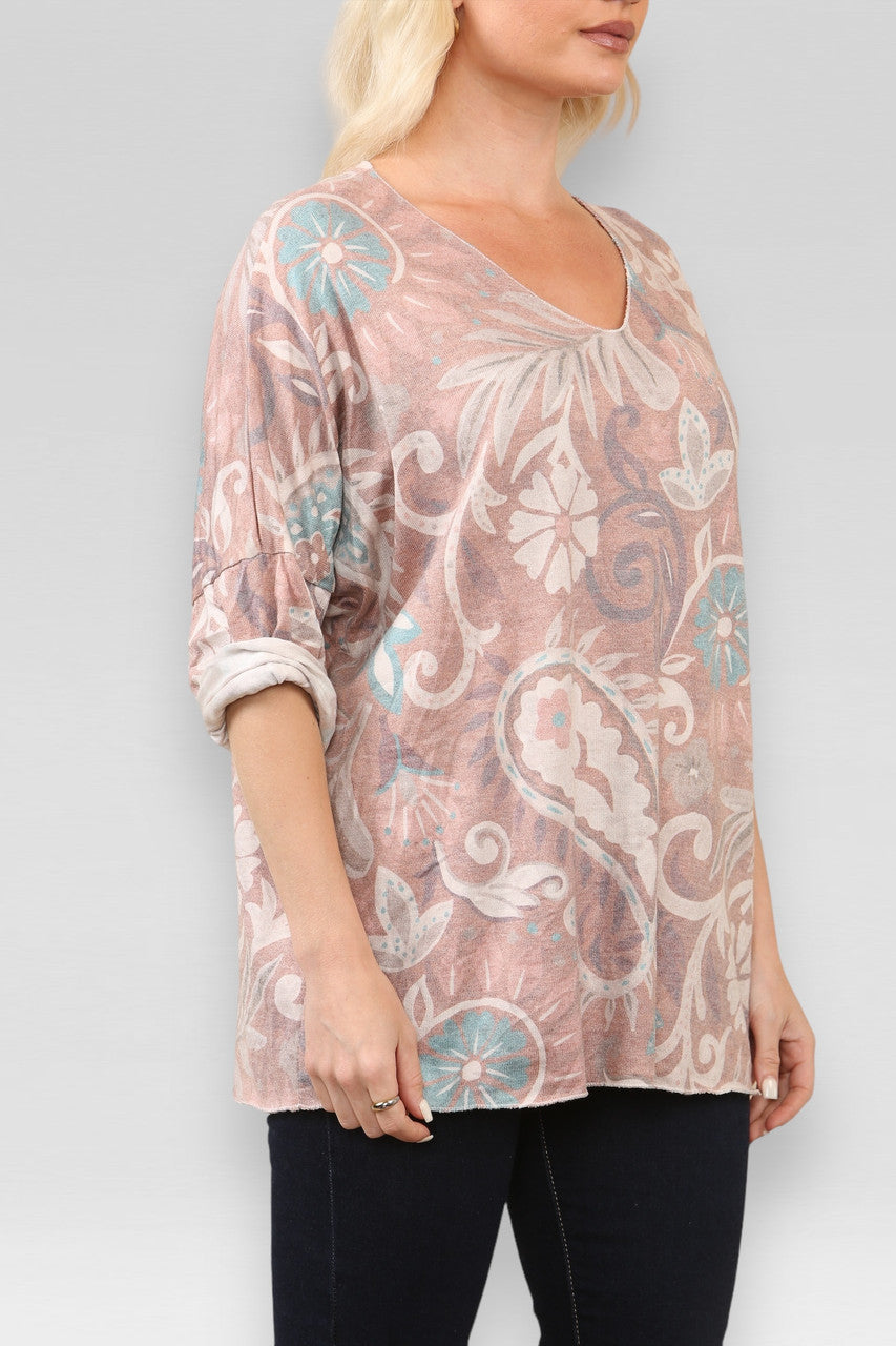 PAISLEY PRINT FIJNGEBREIDE TRUI TOP ROEST