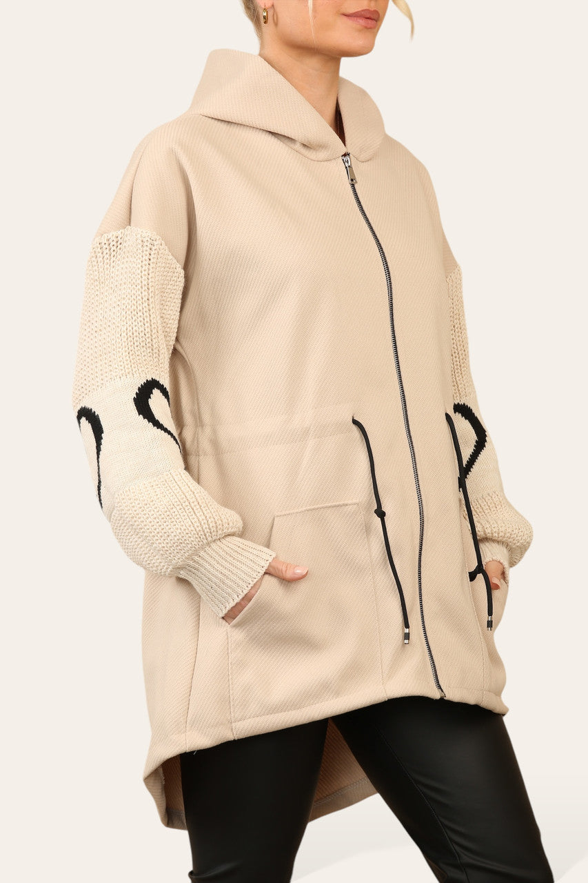 LOVE HEART KNITTED SLEEVE HOODED JACKET BEIGE